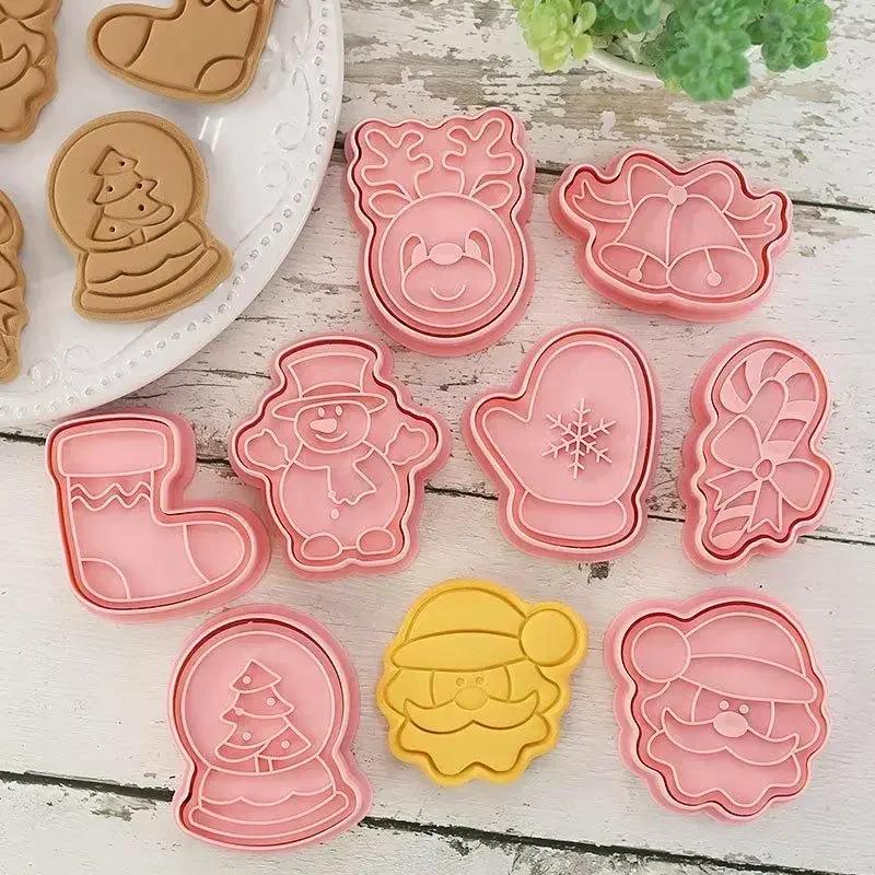 8pcs/set Cartoon Plastic Baking Mold Christmas Cookie Cutter Fudge Chocolate Cake Dessert Baking Decoration Tool Cake Mold