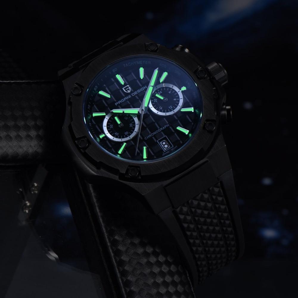 PAGANI DESIGN PD-YS032 Men's Quartz Watch 44mm Japan VK64 Movt Stainless Steel Case Rubber Strap Sapphire Glass 100M Waterproof