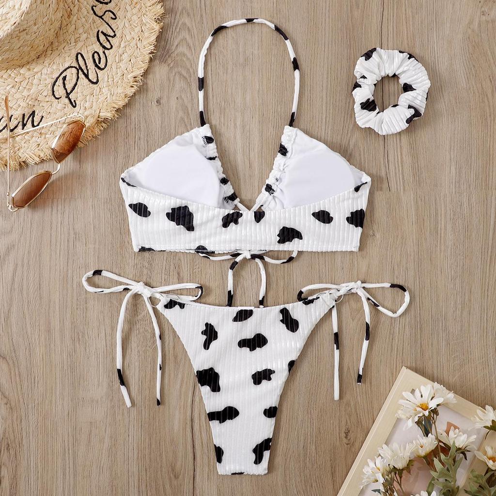 Купальник женский с бретелькой на шее, треугольниками на шнуровке, с принтом коровы, сексуальные комплекты бикини с вырезами