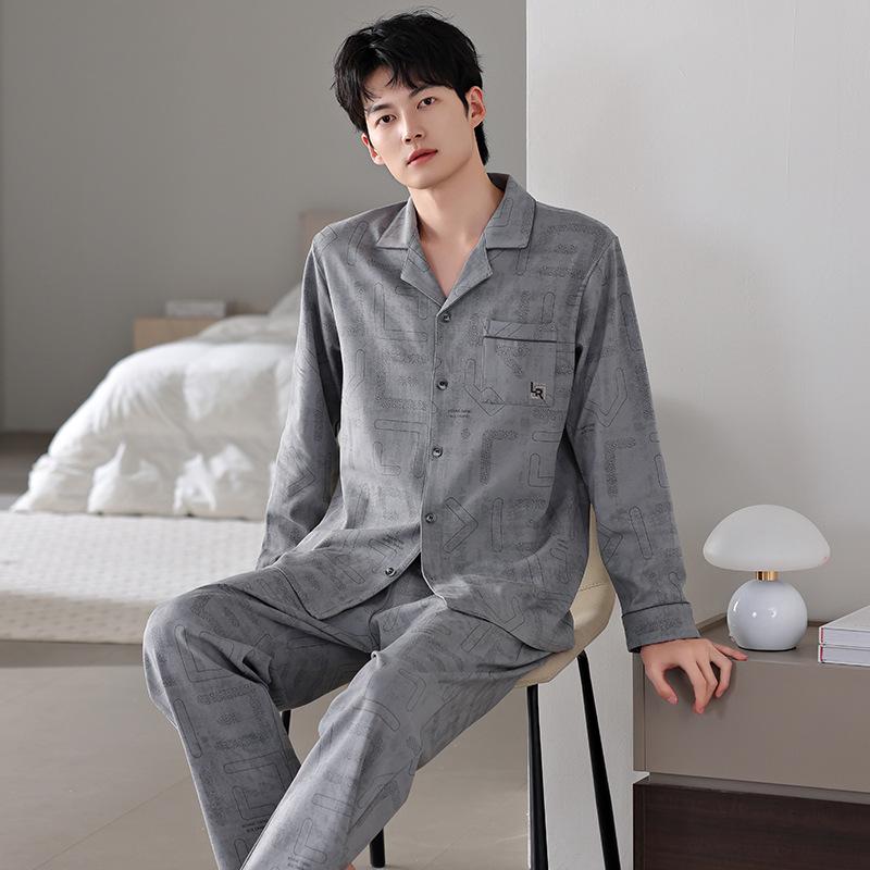 Men'S Pajamas Men'S Spring And Autumn Models, Pure Cotton Long-Sleeved Men'S Autumn Cotton Loungewear Set