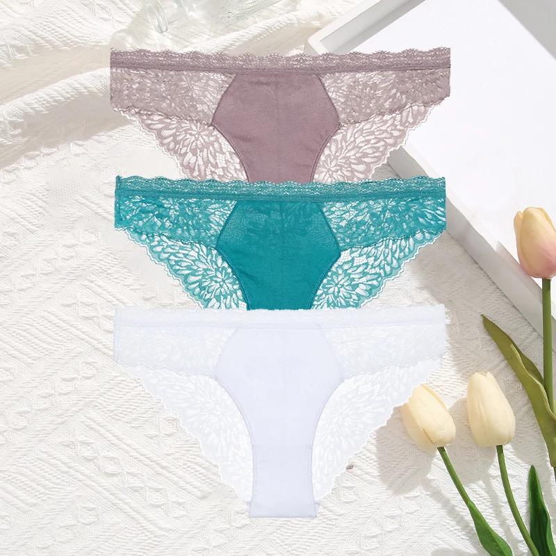 3Pcs/Set Women Sexy Lace Panties Transprant Hollow Out Low Waist Briefs Female Solid Soft Breathable Comfort Underwear Lingerie