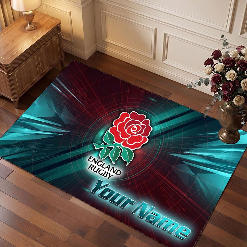 England Rugby Personalized Crystal Velvet Carpet, Customized Name Text Soft Anti‑Slip Rug for Living Room Bedroom