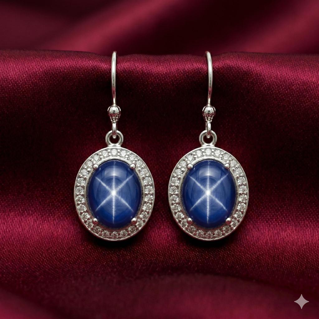 Oval Star Sapphire Earrings Elegant Blue Star Design 925 Sterling Silver Timeless Jewelry Perfect for Brides and Special Occasions