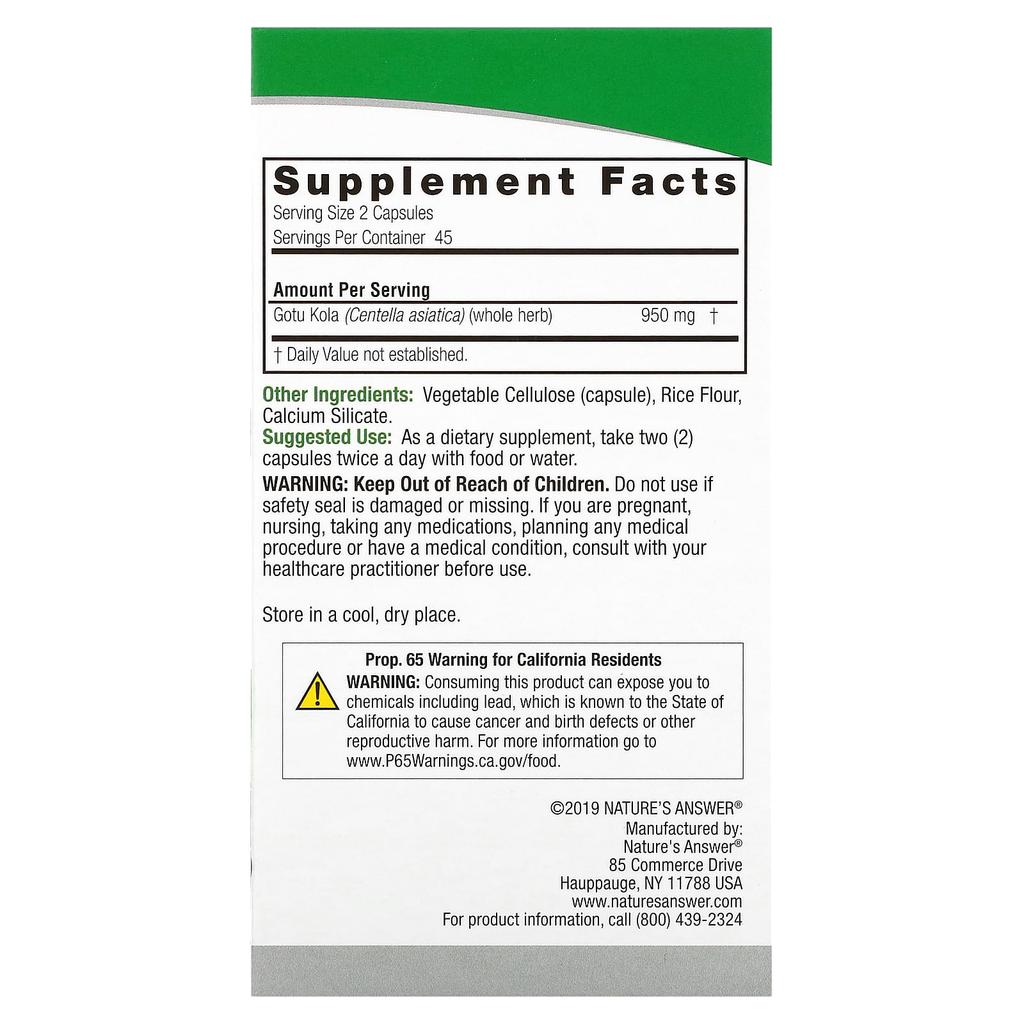 Nature's Answer Gotu Kola, 950 Mg, 90 Veggie Capsules (475 Mg Per Capsule)