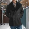 Men Woolen Coat Lapel Long Sleeve Double-Breasted Jacket Coat with Plush Edges Solid Color Pockets Winter Overcoat