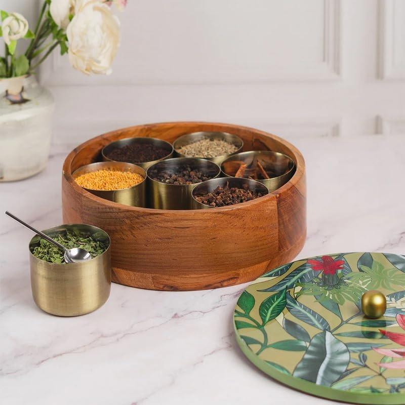 Деревянный органайзер для специй, Wooden Masala Box (Green), Nestroots