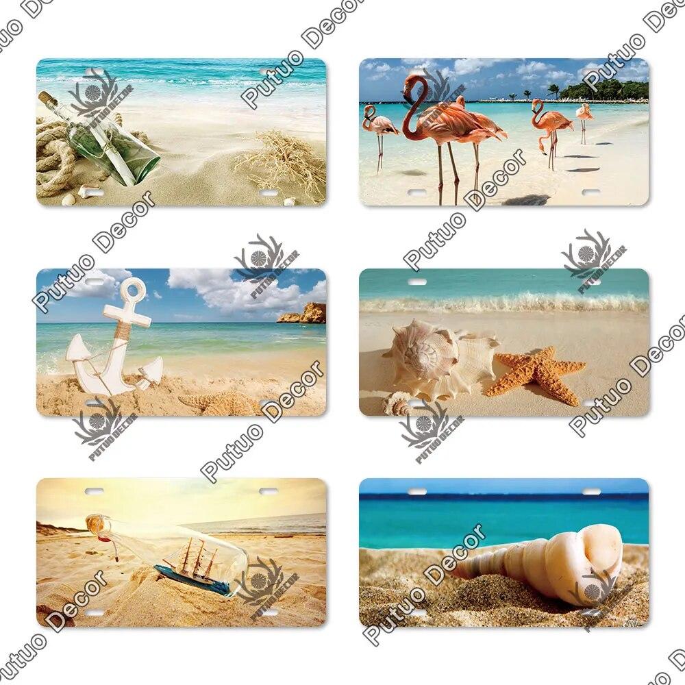 Putuo Decor Beach Licenses Plate Vintage Tin Sign Plaque Metal Car Plate for Living Room Door House Home Wall Art Decor
