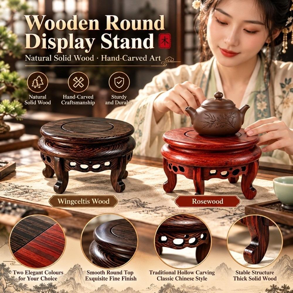 Round Wooden Display Pedestal 9.5cm Wooden Teapot Stand Chinese Style Display Stand Base Garden