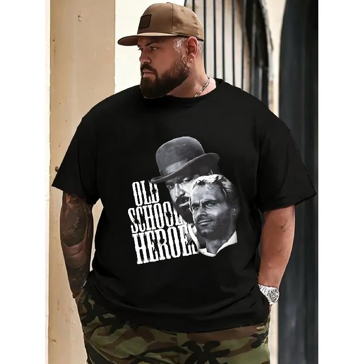 Men's T-Shirt Black Old School Heroes Print with Hat And Portrait Graphic Casual Streetwear for Casual Attire, PLUS SIZE
