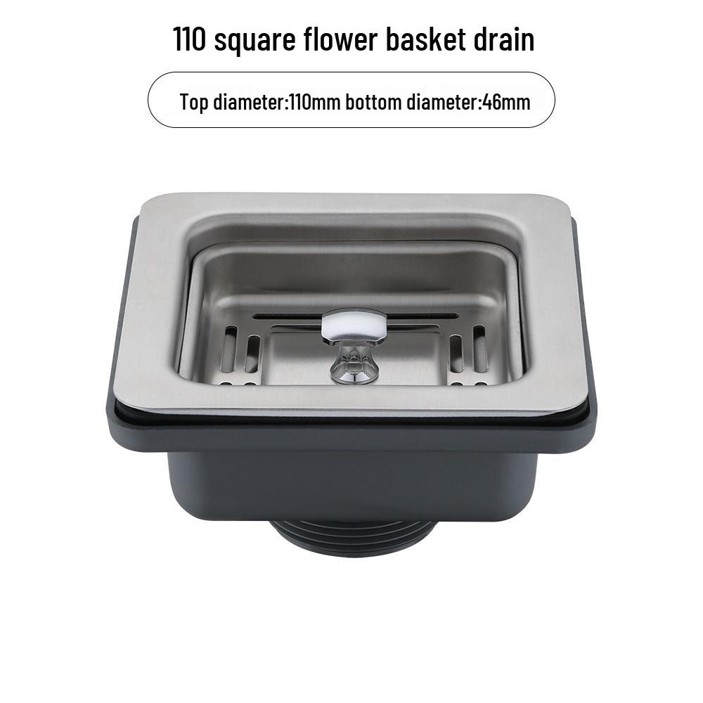 Квадратный цветочный корзинчатый слив для раковины из нержавеющей стали 304: Непроницаемая для запахов раковина с одной/двумя чашами и сливной трубой для мытья овощей и посуды