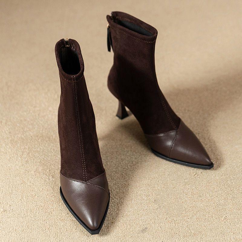 Модные остроносые короткие ботинки женские осень и зима 2025 новые тонкий каблук высокие каблуки эластичные тонкие ботинки корейские маленькие ботильоны
