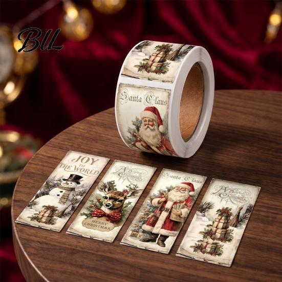 Self Adhesive Holiday Stickers Christmas Coated Paper Sealing Sticker, Retro Hand-drawn Santa Claus Snowman Elk Craft Tape Design, Decorative for Gift