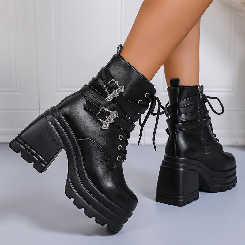 Модные ботильоны на массивном каблуке в панк-стиле для женщин, модные туфли на платформе с ремешком и пряжкой, женские осенне-зимние черные готические ботинки в стиле милитари