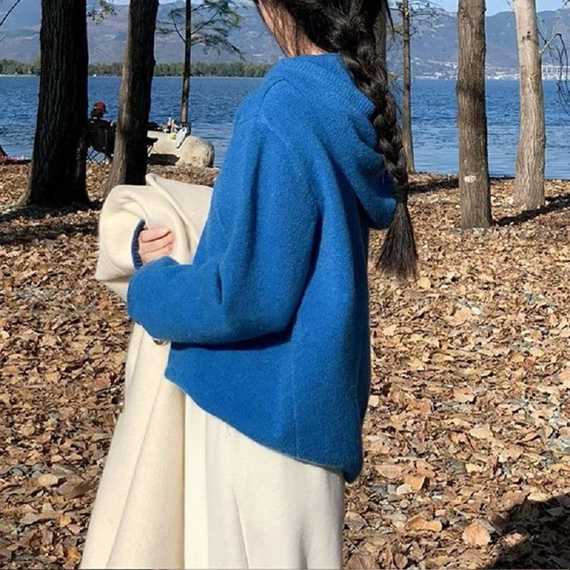 Solid Color Pullover Sweater Autumn and Winter Hooded Sweater Pullover Jacket for Women