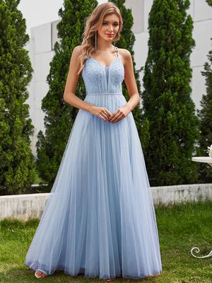 Ever-Pretty женские изысканные жемчужные бусины V-образный вырез прозрачные без рукавов бретельки тюлевые вечерние платья
