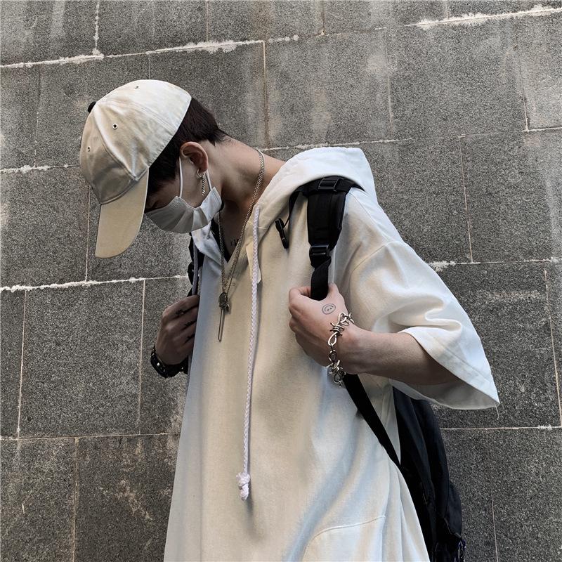 Темная трендовая мужская хип-хоп футболка оверсайз с капюшоном и коротким рукавом в корейском стиле