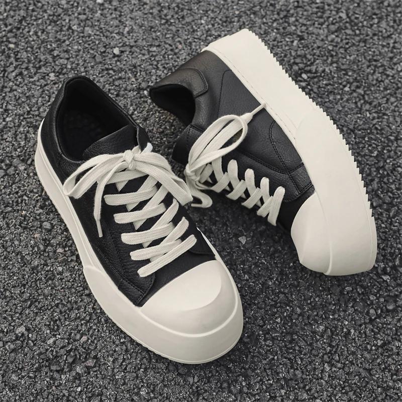Fashion Men Casual Outdoor Antiskid Thick Bottom Sneakers Fashion Round Toe Lace-Up Tenis Masculino Shoe Genuine Leather Comfy Flat Shoe