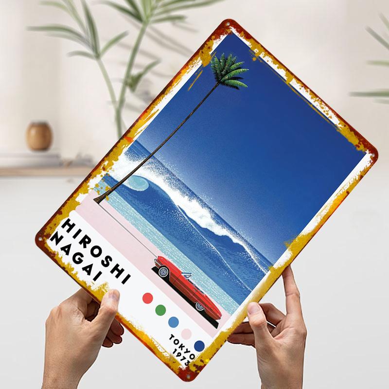 Hiroshi Nagai Beach Scene With Car Tinplate Poster Customized Wall Art Vintage Metal Signs Retro Tin Plaque for Decoration Room