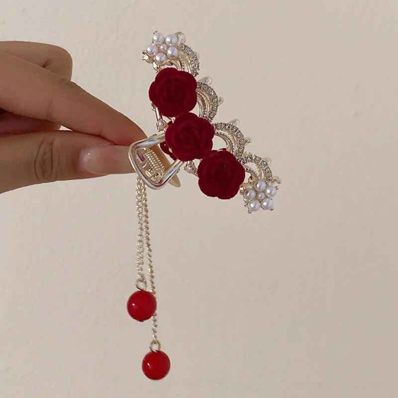 Винтажные бархатные когти для волос с красной розой для женщин, роскошные металлические зажимы, заколки для волос, заколки для волос, новые аксессуары для волос со стразами, головные уборы