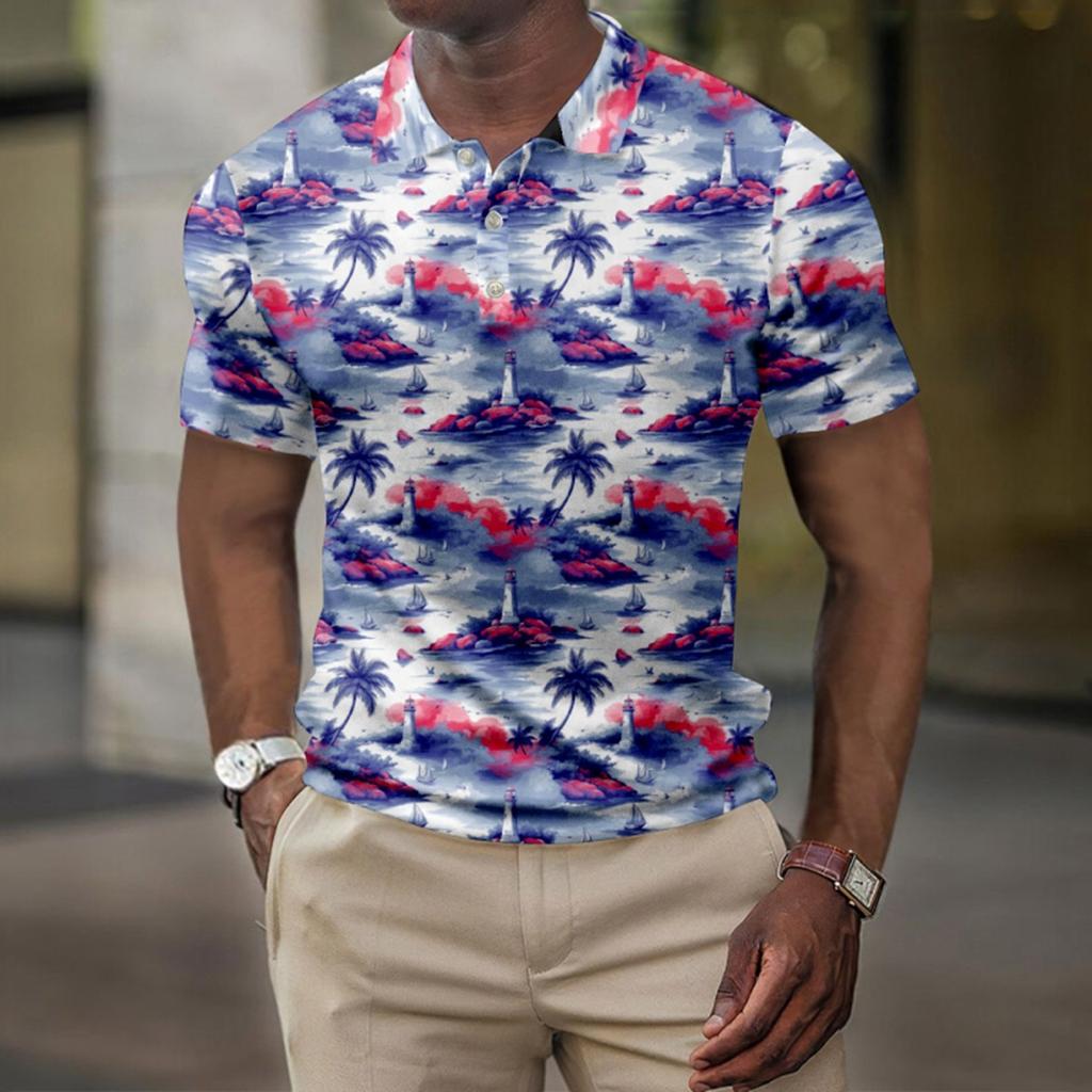 Men's Summer Hawaii Printed Golf Shirt Botton Short Sleeve Top Men's Casual Fashion Shirt