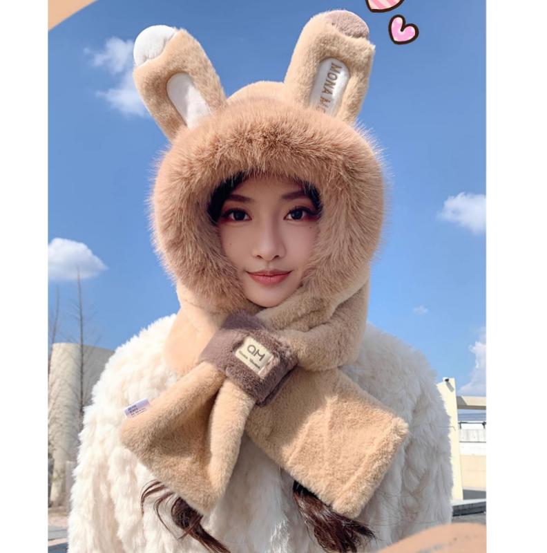 New Fashion Thickened Hat Scarf with Cute Ears Plush Winter Women's Hats Beanies Pompom Knit Bonnet Fluffy Winter Cap Bomber Hats For Women