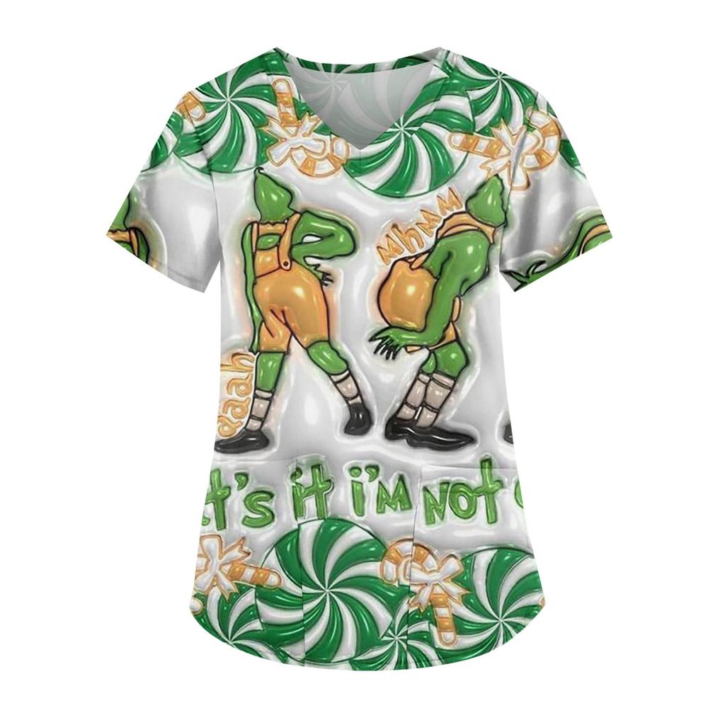 Women's Fashion Printed Short Sleeve V Neck Pattern Tops Pocket Working T-shirts