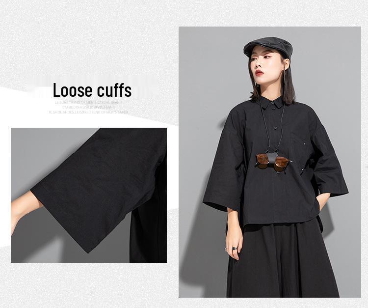 Женский темный топ в китайском стиле с нерегулярными рукавами средней длины и свободного кроя