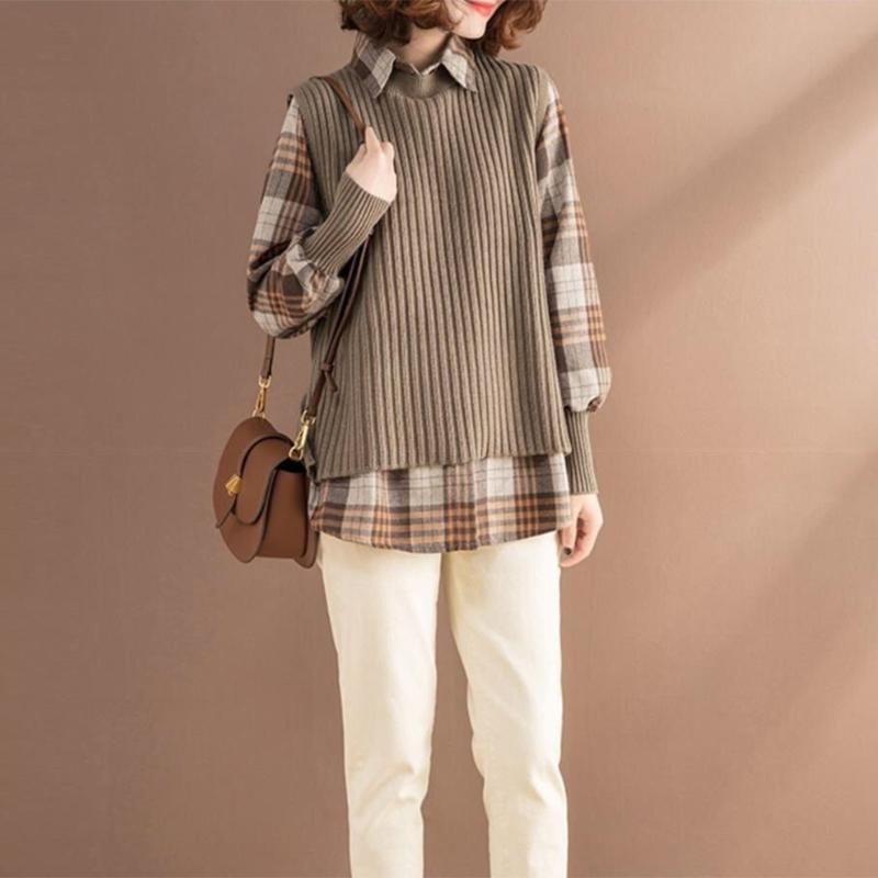 Клетчатая рубашка, вязаный жилет, комплект из двух предметов, женский весенне-осенний корейский вариант, тонкий