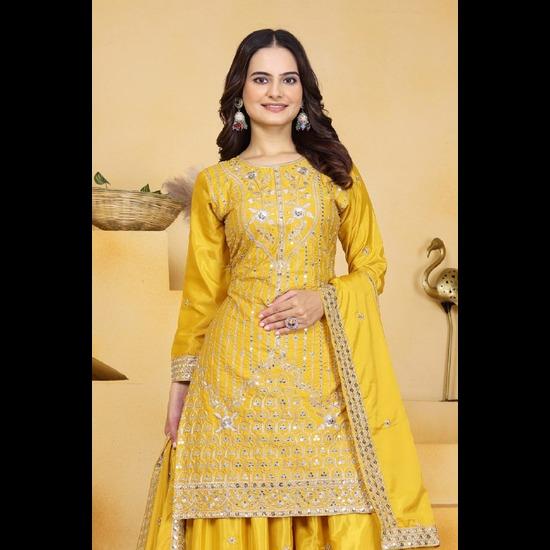 Festive Yellow Georgette Embroidered Sharara Suit Set