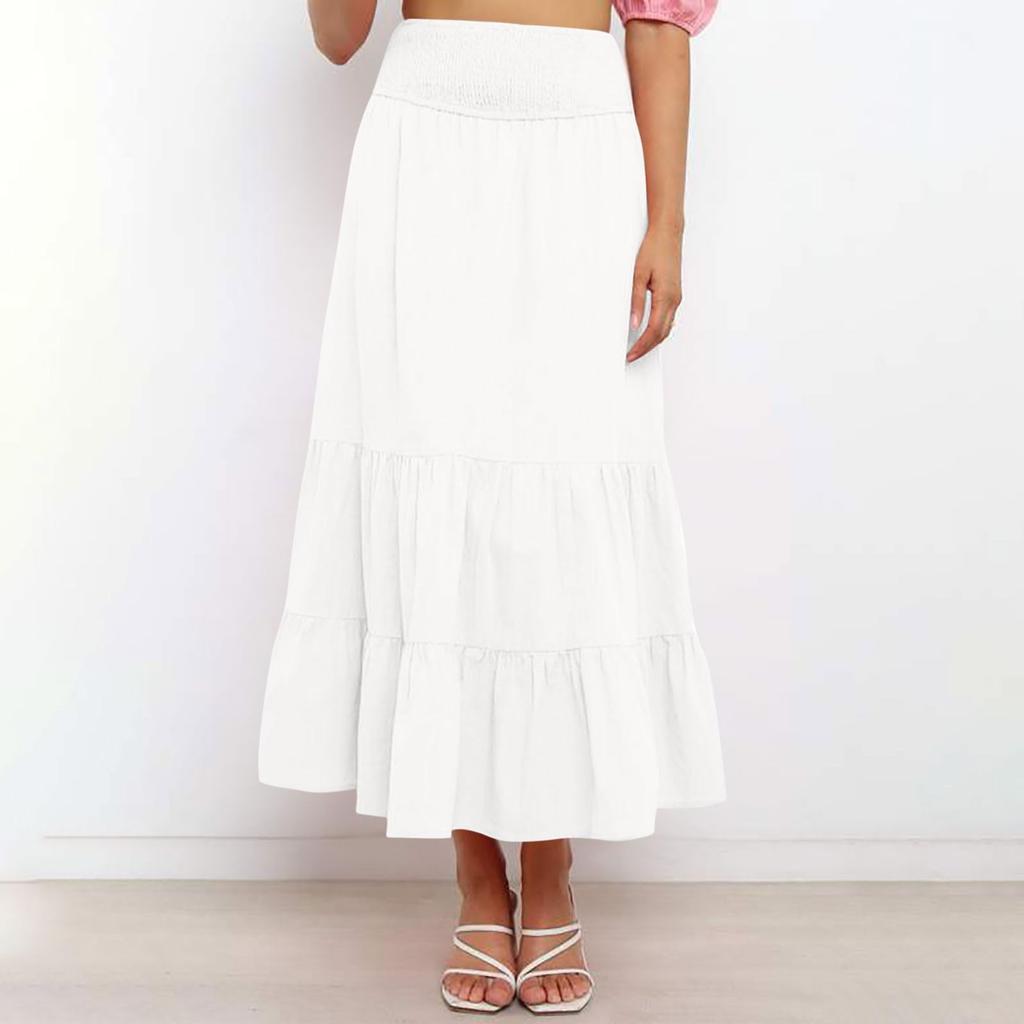Women's Summer Bohemian Maxi Dress Elastic High Waist Pleated Ruffle Layered Culottes Casual Fashion Solid Color Flowy Skirt