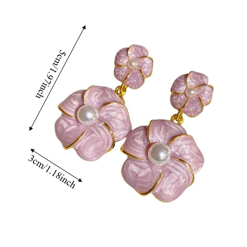 Purple Floral Dangle Earrings Pearl Ear Jewelry Elegant Camellia Flower Earrings Female