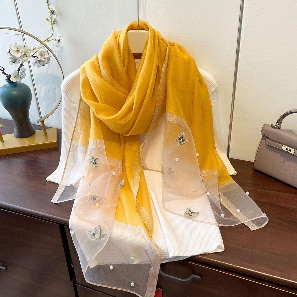 New Versatile Shawl Imitation Silk Thin Silk Scarf for Women Spring and Summer Butterfly Pearl Light Luxury Fashionable Warm Neck Protection Shawl
