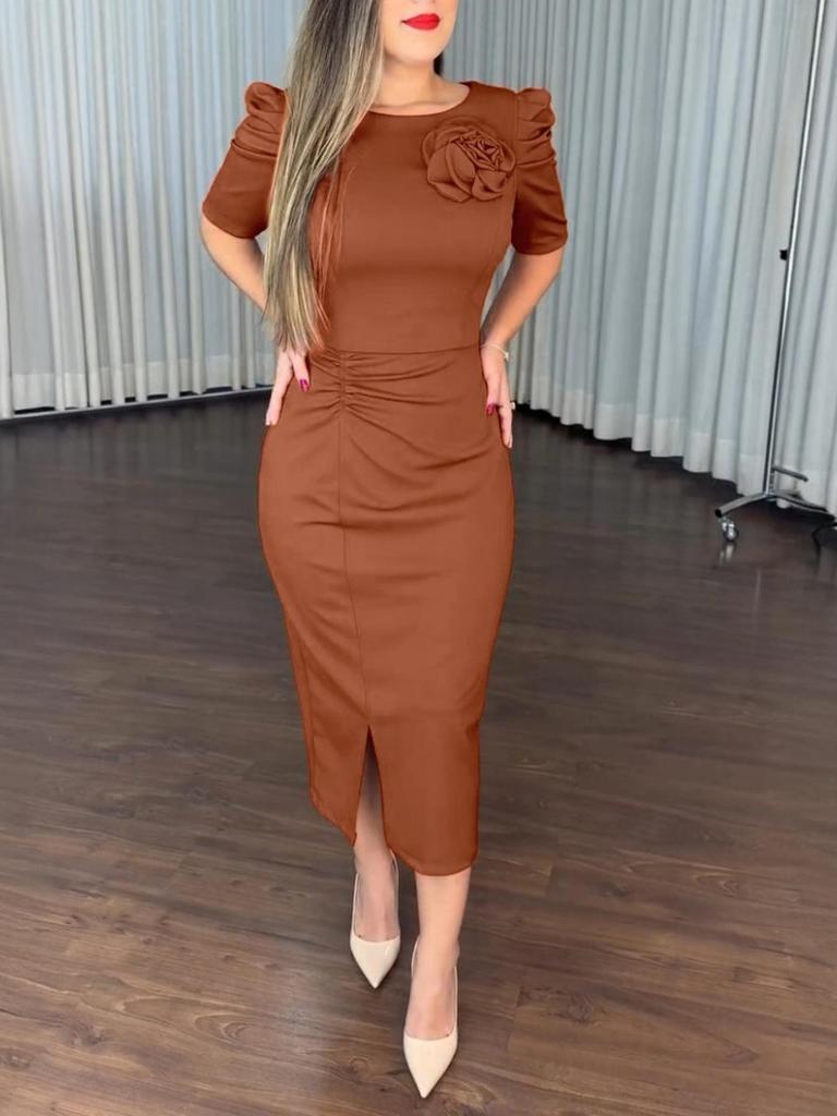 Новое платье с завышенной талией, 3D цветочным декором и короткими рукавами - Европейский и американский стиль, приталенный силуэт, идеально для вечеров и вечеринок