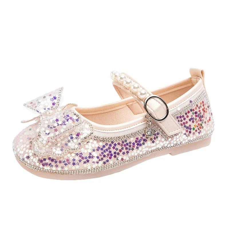 2024 Детские кожаные туфли для девочек, осенние новые модные и удобные туфли-бабочки для принцессы на вечеринку, элегантные, с бисером, легкие туфли
