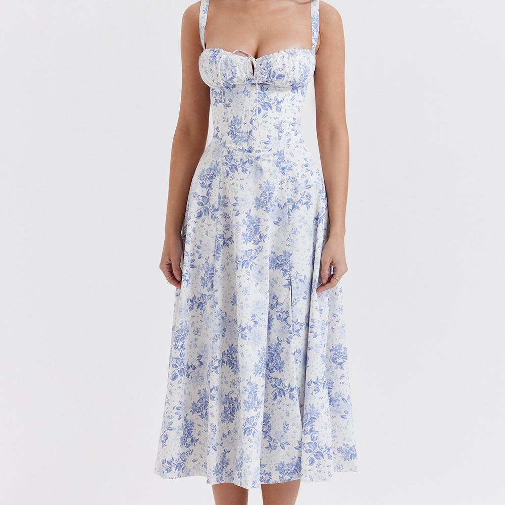 Женские летние платья с цветочным принтом, милое элегантное праздничное платье миди, повседневные синие платья с разрезом на шнуровке 2024