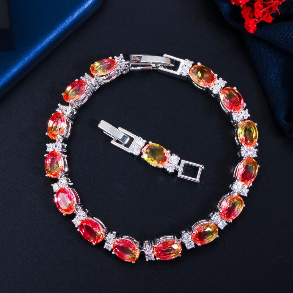 Popular Zircon Jewelry Copper Rhodium Plated Watermelon Synthetic Tourmaline Gradual Change Color Crystal Glass Bracelet