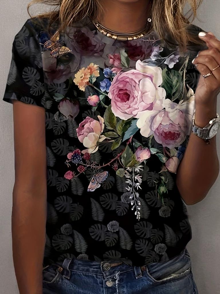 Женская футболка Летняя Повседневная Круглый вырез Короткий рукав 3D принт Цветочный узор Топ Свободная Повседневная одежда Женская футболка