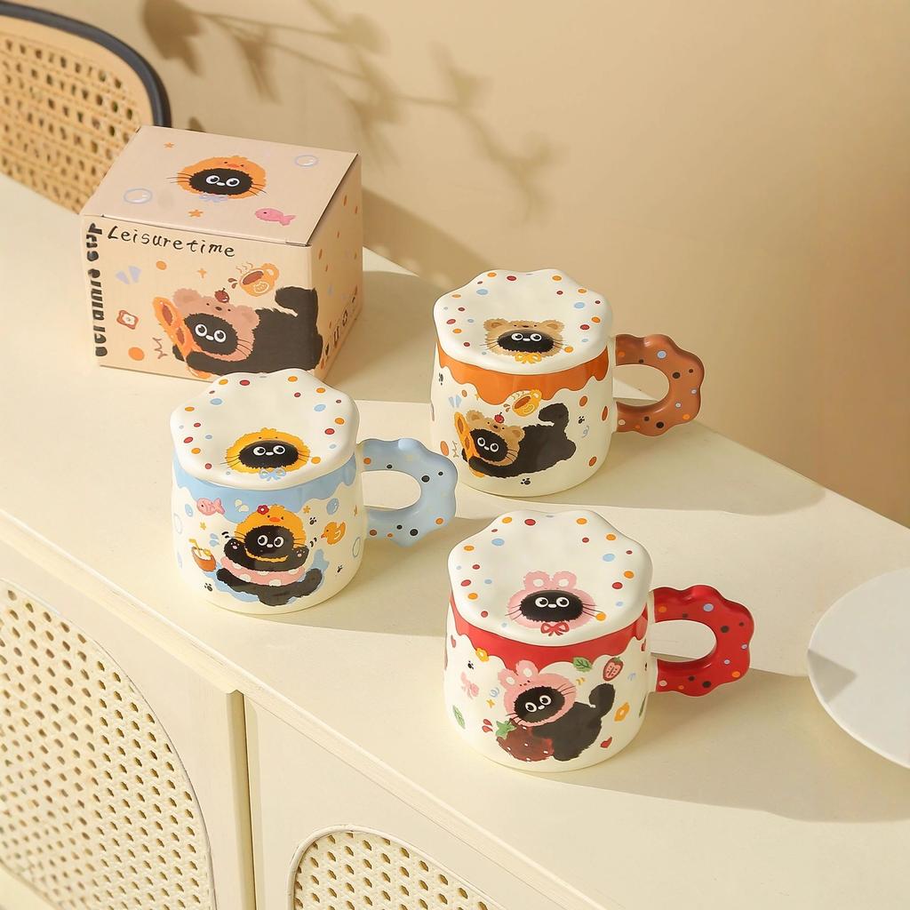 Cat Embossed Lid Mug High Looking Ceramic Cup Creative Souvenir Breakfast Milk Girl Water Cup Gift