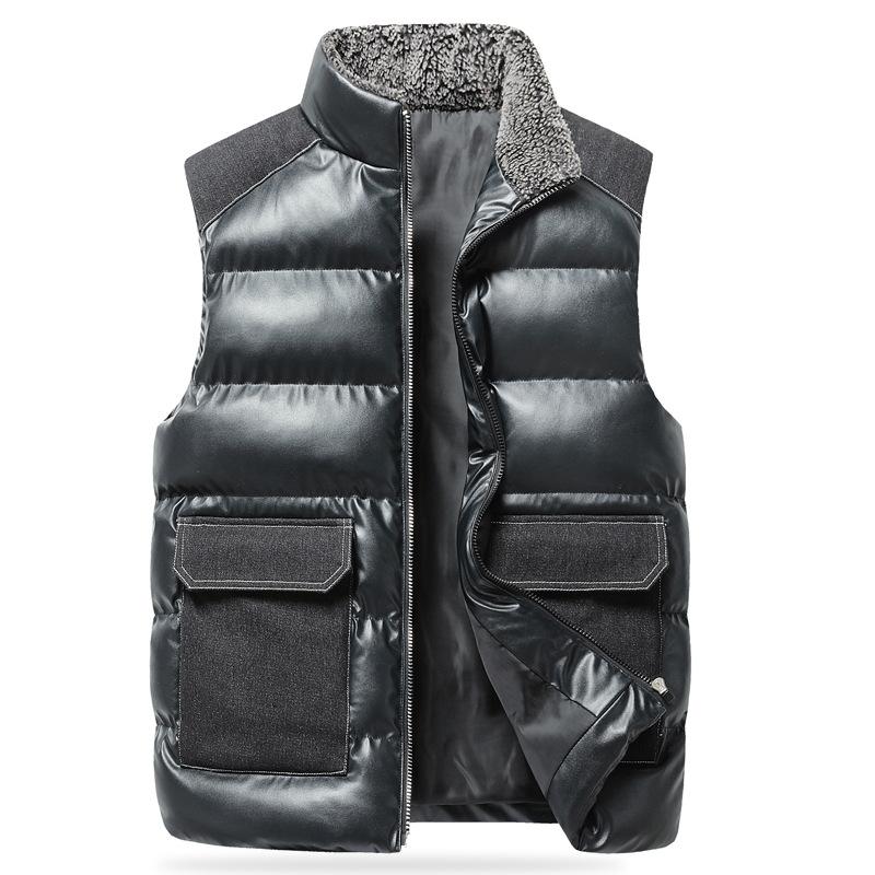 Men's Retro Stand Collar Mid-green Warm Vest Winter Loose Thickened Waistcoat Large Pocket Leather Vest