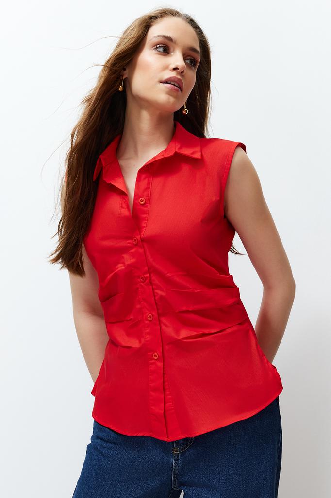 Women's Fashion Shirt Shirt Collar Sleeveless Red Pleated Fitted Waist-Fitting Woven Shirt