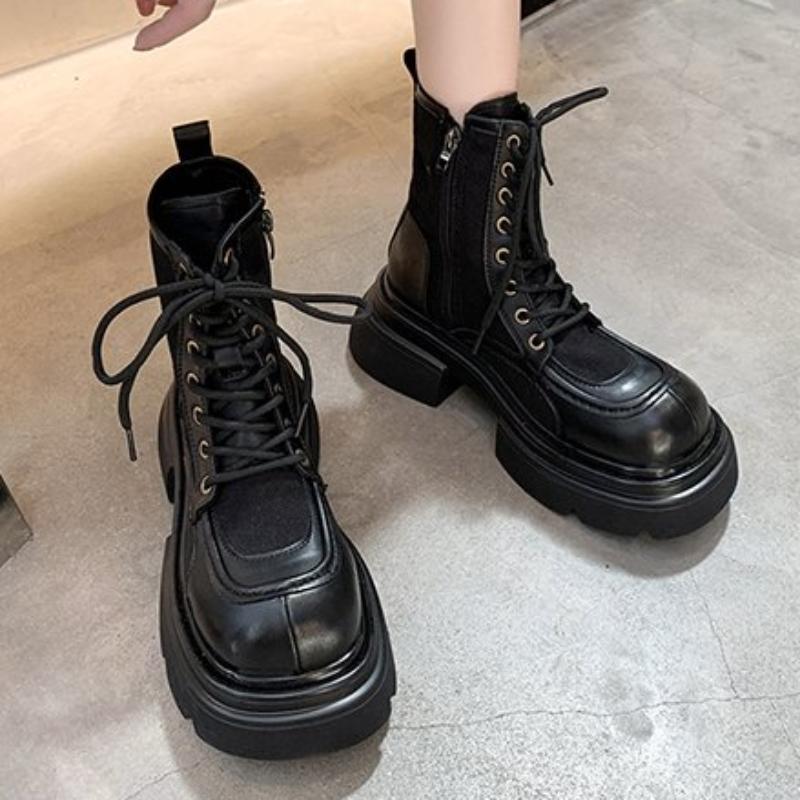 Shoes for Women 2024 Fashion Winter Mid-Calf Women Boots Solid Color Round Toe Lace Up Platform Mid Heel Water Proof Shoes Women