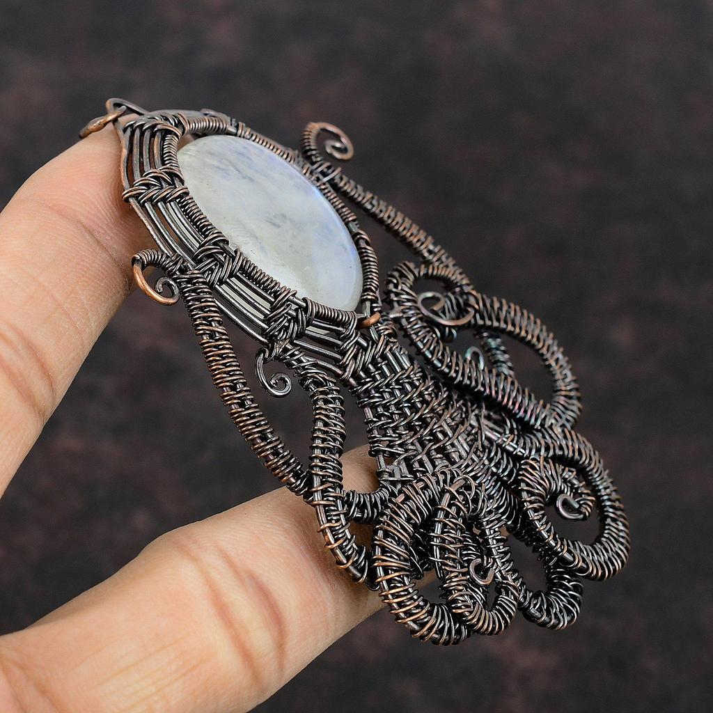 Rainbow Moonstone Pendant Copper Wire Wrapped Gemstone Pendant Octopus Pendant Copper Wire Wrap Jewelry Gift For Her Handmade Unique Pendant