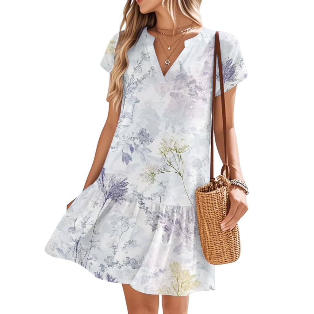 Женские платья с коротким рукавом и V-образным вырезом с цветочным принтом Свободные повседневные пляжные платья в стиле темперамент