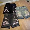 Gothic Mens Womens Cherry Blossom Embroidery Denim Shorts Y2K Jeans Harajuku Hip Hop Retro Baggy Shorts Fashion Casual Pants