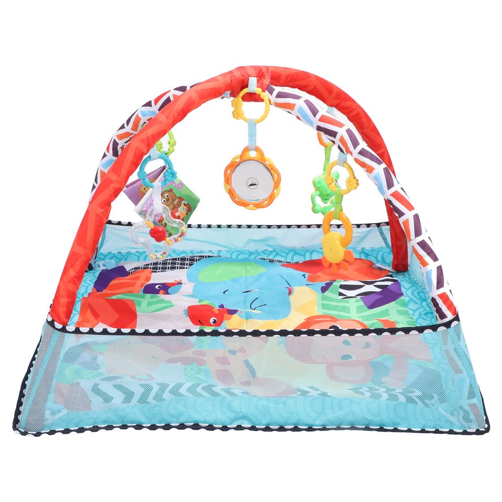 Детский гимнастический коврик с тканевой книгой-погремушкой и зеркалом для развития сенсорных и моторных навыков. Время лежать на животе.
