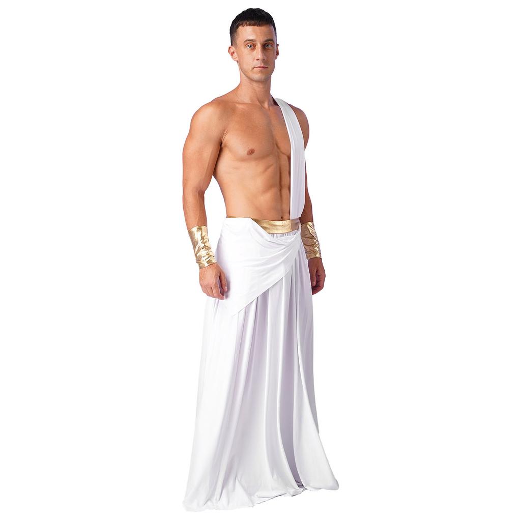 Mens Ancient Greek Cosplay Costume Long Skirt Wristbands One Shoulder Strap Roman Toga Halloween Warrior Gown