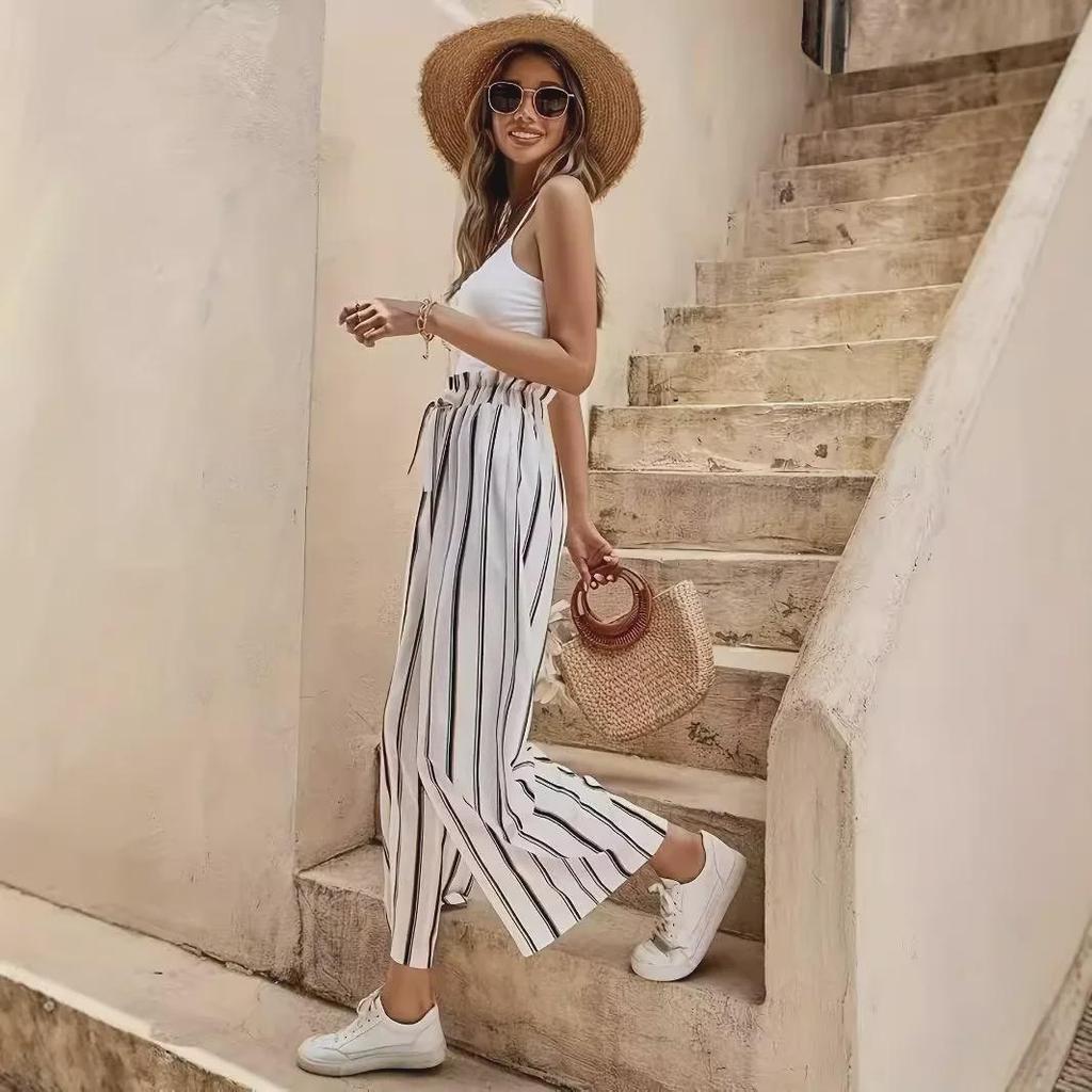 Женские летние полосатые брюки с высокой талией и широкими штанинами 2025 года — свободные, облегающие, повседневный стиль