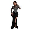 Women Gown Dress Half-high Collar Long Sleeve Side Split Long Dress Mesh Rhinestones Splicing Side Split Maxi Dress