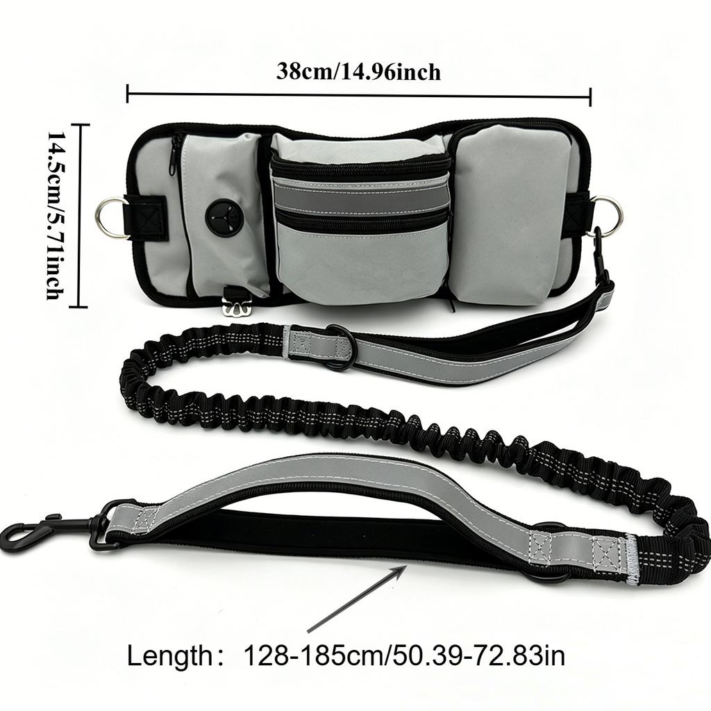 Hands Free Dog Leash With Black Grey Waist Bag Reflective Dog Lead Elastic Dog Walking Leash With Two Handles 128-185cm Dog Rope
