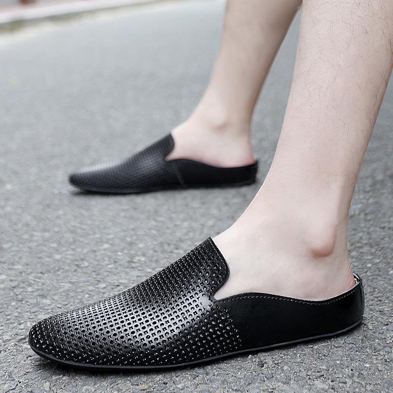 Кожаные мужские мокасины летние легкие получешки для мужчин, дизайнерские мюли ручной работы, мокасины, пляжные тапочки, большой размер 45